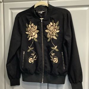Casting LA Black Bomber Floral Embroidered Jacket Sz Med